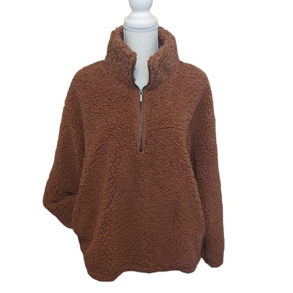 NEW NINE WEST SHERPA TEDDY 3/4 ZIP JACKET PULLOVER SIZE MEDIUM BROWN SWEA… - Picture 1 of 4